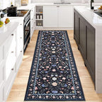 Washable Runner Rug 2.5 x 8 Non-Slip Non-Shedding Soft Vintage Bedside Low Pile Farmhouse Floral Carpet, Indoor Foldable Printed Entryway Rug for Hallway Kitchen, Dark Grey Blue