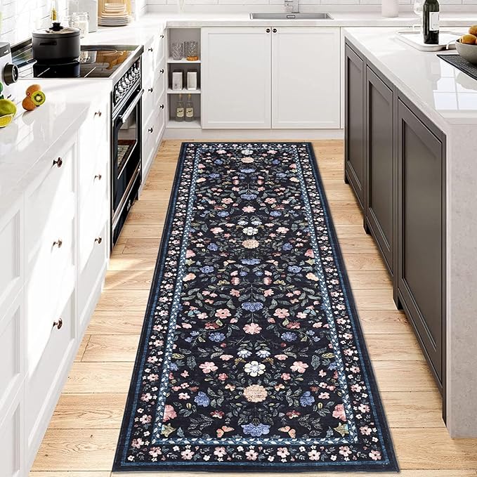 Washable Runner Rug 2.5 x 8 Non-Slip Non-Shedding Soft Vintage Bedside Low Pile Farmhouse Floral Carpet, Indoor Foldable Printed Entryway Rug for Hallway Kitchen, Dark Grey Blue