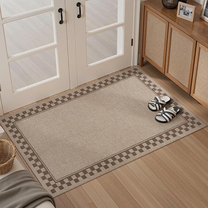 OJIA Easy Jute 3x5 Washable Rugs for Entryway, Farmhouse Patio Rug Indoor Outdoor Living Room Carpet, Modern Neutral Kitchen Rugs Non-Slip Front Door Mat Throw Carpet for Entrance Office Porch Decor