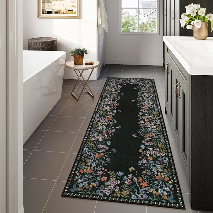 Lahome Boho Floral 2x6 Black Bathroom Runner Rugs Non Skid Washable, Rug Runners for Hallways Non Slip Kitchen Carpet Runner, Soft Runners for Entryway Laundry Bedroom(2x6ft,Black)