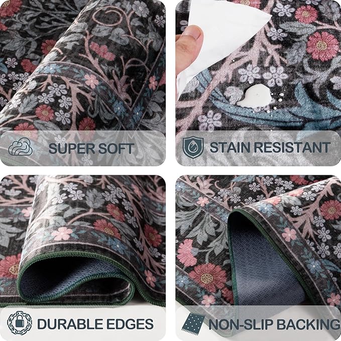 Extra Large 10x14 Area Rug for Living Room, Washable Rugs for Dining Room, Bedroom, Non Slip Stain Resistant Carpet, Low Pile Vintage Floral Rug (Dark Green)