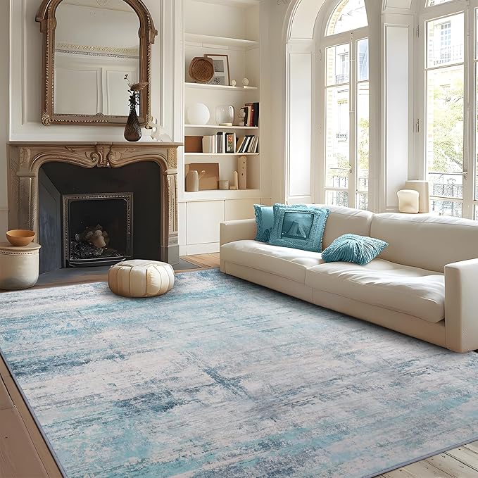 Abstract 9x12 Area Rug Washable Soft Large Non-Slip Carpet for Living Room Dining Room Home Office Bedroom - Abstract Teal/Grey