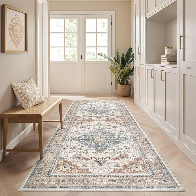 Runner Rug Kitchen Washable Rugs: 2x6 Non-Slip Boho Vintage Distressed Stain Resistant Indoor Neutral Farmhouse Throw Carpet for Hallway Bathroom Laundry Room Entryway Bedroom- Beige Blue