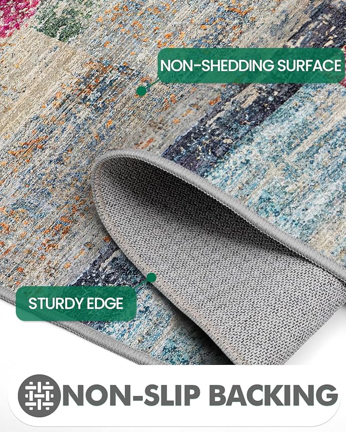 LUMI Washable Runner Rug, 3'x8' Non-Slip Hallway Mat, Low Profile Thin Long Carpeet for Laundry Kitchen Bedroom Office, Multicolor
