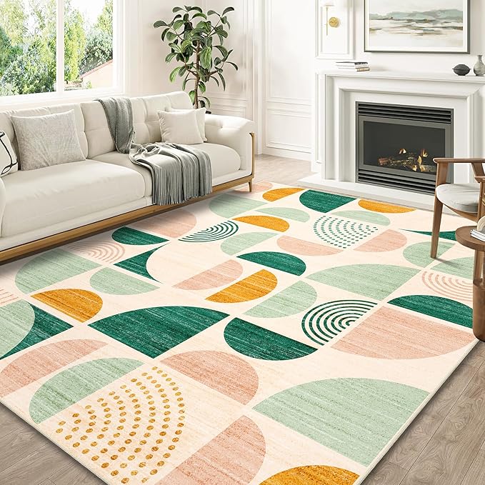 MUJOO Green Washable Rugs 8x10,Boho Area Rugs for Living Room Bedroom,Large Throw Floor Carpet Non Slip Soft Modern Abstract Sage Green