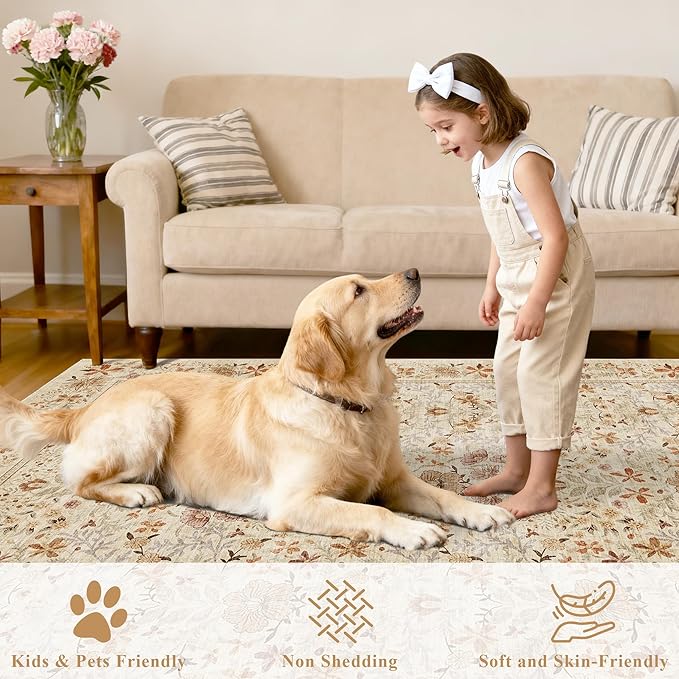 DUKINO 2x3 Entryway Rug, Floral Washable Area Rug with Non Slip Indoor Door Mat, Vintage Low Pile Small Front Door Throw Carpet for Kitchen, Entrance, Bathroom, Bedroom, Beige