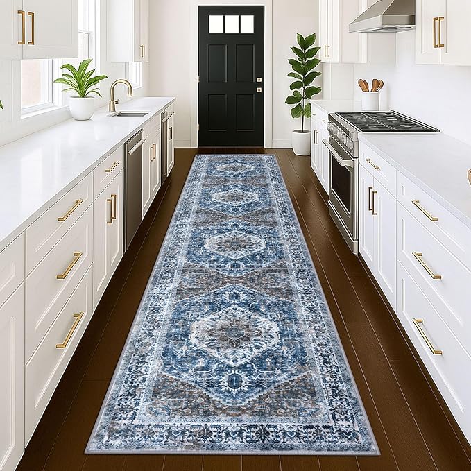 KOZYFLY Runners for Hallways 3x12 Ft Thin Long Washable Kitchen Runner Non Slip Runners Rug for Entryway Indoor Blue Printed Faux Wool Stair Runner Floor Carpet for Stair Kitchen Hall, Blue