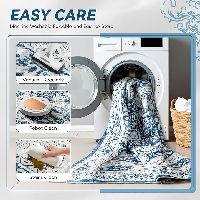 EnHomee 8x10 Area Rugs Washable for Bedroom, Boho Vintage Rugs, Foldable Area Rug for Dining Room, Non-Slip Soft Living Room Rug, Low Pile Large Carpet for Bathroom, Blue and White