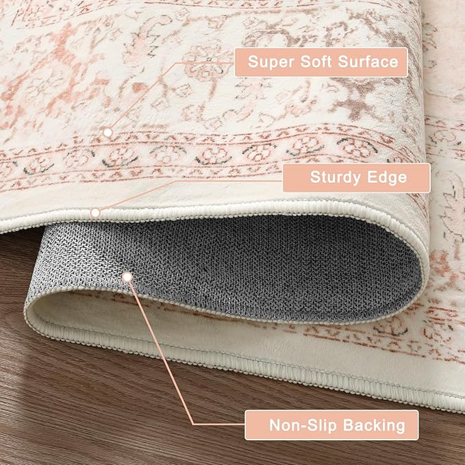 LIVEBOX Washable Peachy Pink Rug 5ft - Medallion Vintage Circle Rugs for Bedroom, Low-Pile Tribal Print Carpet for Nursery, Non-Slid Distress Floral Circular Rug for Living Room Kid's Room Entryway