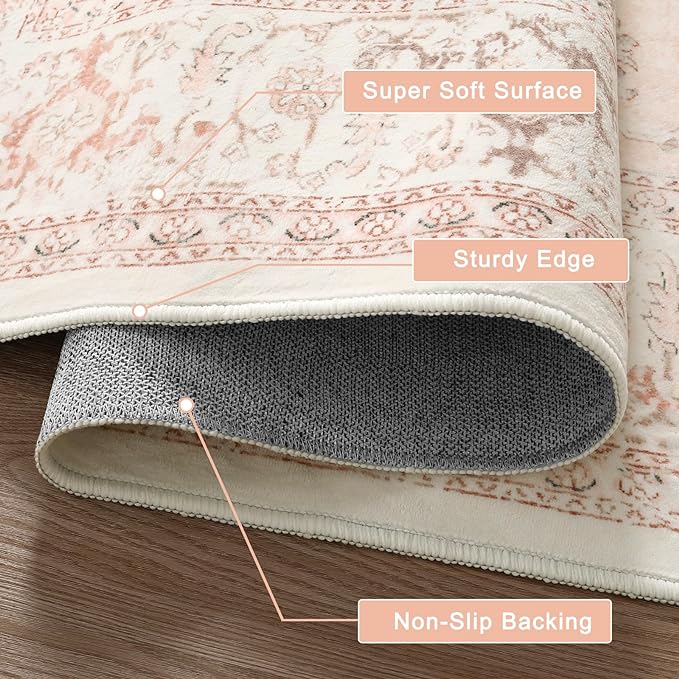 LIVEBOX Pink Area Rug 8x10 - Large Oriental Floral Living Room Rugs Accent Rug for Bedroom, Non-Slip Retro Medallion Carpet Print Distressed Rugs for Dining Room Office (Pink/Peach)