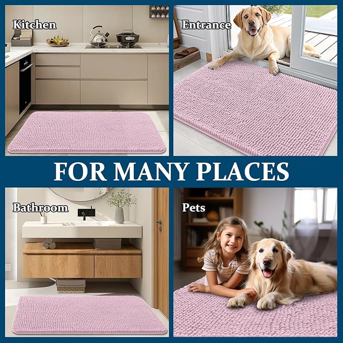 OLANLY Dog Door Mat for Muddy Paws 70x35, Absorbs Moisture and Dirt, Absorbent Non-Slip Washable Doormat, Quick Dry Chenille Mud Mat for Dogs, Entry Indoor Entryway Carpet for Inside Floor, Dusty Rose