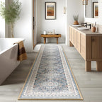 Phantoscope Washable Runner Rug 2'x8' Non-Slip, Vintage Neutral Hallway Rugs for Entryway, Stair, Bedroom, Distressed Boho Geometric Medallion Pattern, Low-Pile Foldable Carpet, Dusty Blue/Multi