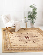 Unique Loom Taftan Collection Border Geometric Tribal Inspired Design Area Rug (8' 0 x 8' 0 Square, Ivory/ Tan)