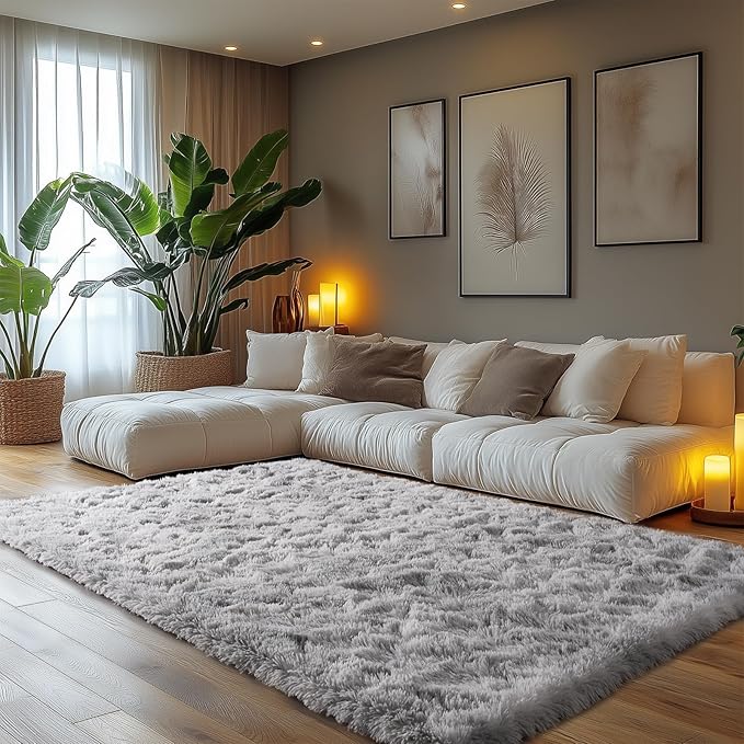 Zentavio Grey and White Area Rugs for Living Room Large Men Room Carpet 5x8 Bedroom Fluffy Furry Shag Aesthetic Plush High Pile Floor Rug for Kids Room Dorm Home Decor Tie-Dyed Grey White
