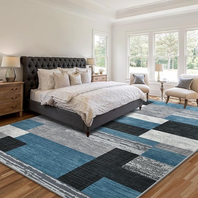 Large Area Rugs,Modern Geometric Patchwork Floor Decor for Bedroom Aesthetic Carpet, Rockwood Collection, Indoor Rugs for Living Room, Dining Room, Nursery, Office, Machine Washable Rug,4x6 Ft Blue