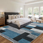 Large Area Rugs,Modern Geometric Patchwork Floor Decor for Bedroom Aesthetic Carpet, Rockwood Collection, Indoor Rugs for Living Room, Dining Room, Nursery, Office, Machine Washable Rug,9x12 Ft Blue