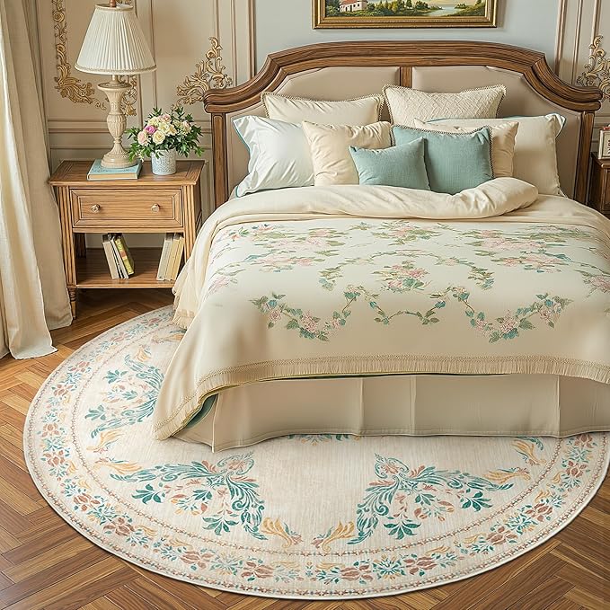 jinchan Round Rug 6ft Area Rugs Vintage Floral Distressed Design, Machine Washable Soft Non-Slip Low-Pile Ultra-Thin Circle Rug for Bedside Living Room Dining Room Bedroom (6' Round, Apricot Multi)