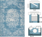 jinchan Washable Area Rug 6x9 for Living Room Soft Faux Wool Ultra-Thin Stain Resistant Non-Slip Distressed Vintage Floral Rug Large Carpet for Bedroom, Dining Room, Home Office, Nursery(Blue, 6'x9')