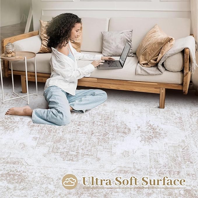 Area Rug 9x12 Living Room Rug, Machine Washable Vintage Distressed Medallion Rug Non-Slip Soft Low Pile Large Indoor Rugs for Bedroom Kitchen Dining Room Office(Beige,9'x12')