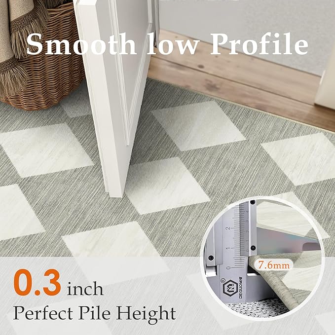 3x8 Runner Checkered Rug for Hallways Grey Washable Long Carpet Non-Slip Low Pile Boho Indoor Accent Throw Rug for Entrance Kitchen Bedroom Dining Laundry