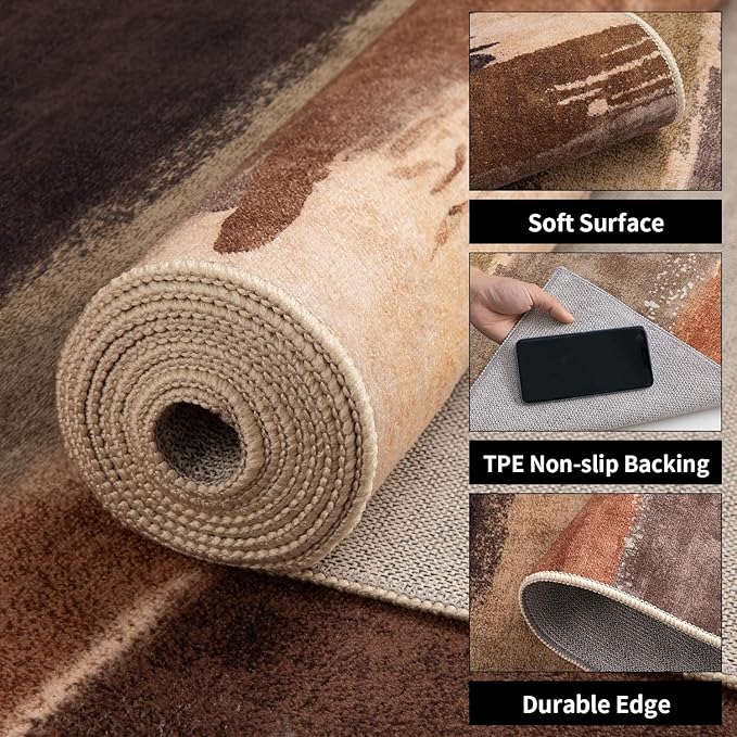 Ciicool Modern Abstract Rug for Living Room, 9'x12' Machine Washable Area Rug Non-Slip Rug, Low-Pile Contemporary Indoor Dining Floor Carpet for Bedroom Office Under Table Home Decor Brown Black