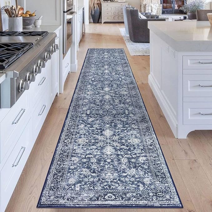 KILOCOCO Runner for Hallway 2.6x14 Runner Rug Printed Vintage Floral Washable Rug Kitchen Runners Soft Non-Slip Low Pile Hallway Runners Laundry Room Distressed Boho Rugs, Blue