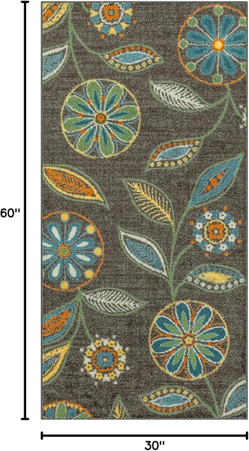 Maples Rugs Reggie Floral Runner Rug - Made in USA - Washable, Non Slip Indoor Carpet for Kitchen, Hallway, and Laundry Room, 2'6" x 5', Dark Grey