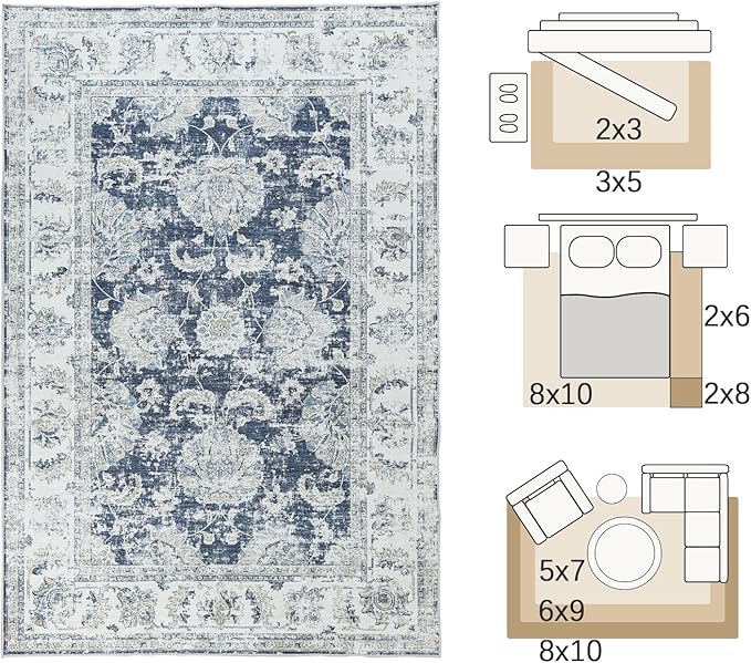jinchan Vintage Floral 5x7 Area Rug for Bedroom - Machine Washable Distressed Design Stain Resistant Boho Carpet Ultra-Thin Low Pile Non-Slip Rug for Living Room Dining Room Kitchen (5‘x7', Dark Blue)