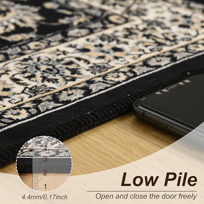 XWZO Washable Hallway Runner Rug 2x8ft — Non-Slip Low Pile Area Rug with Rubber Backing, Spill Resistant Soft Flower Floor Carpet Runner for Kitchen Entryway Doorway Bedroom Corridor, Black