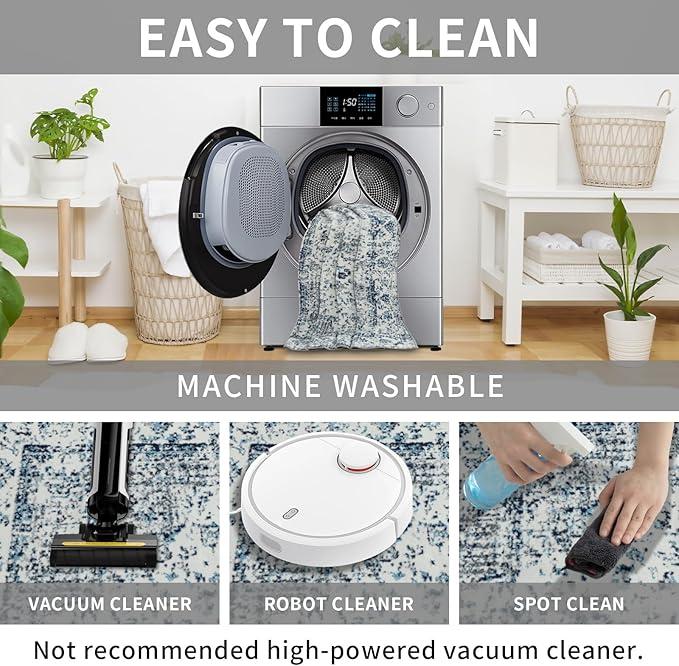 Easy-Going Boho Area Rug 2x3 Washable Entryway Rugs Front Door Mat Indoor Entrance Non-Slip Vintage Small Entry Rug for Living Room Kitchen Bathroom Office Lightweight Carpet, Floral Blue Cream