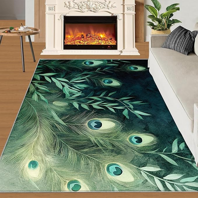 Peacock Feather Rugs for Living Room - 3x4 Rug, Peacock Decor Area Rugs for Bedroom, Teal Turquoise Rug, Plant Washable Carpet, Malachite Green Feather Carpet - Peafowl Home Decor & Gifts