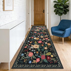 Washable 2'6" x 10' Runners for Hallways, Non Slip Long Floor Runner for Kitchen, Entryway Indoor, Stain Resistant Rubber Backing Floral Décor Rug (Black)