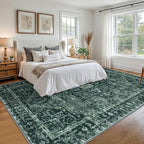 KOZYFLY Area Rug 9x12 Ft Thin Rugs for Living Room Washable Bedroom Rug Non Slip Rugs for Living Room Printed Faux Wool Vintage Bedroom Rug Floor Carpet for Dining Room, Dark Green