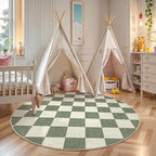 LIVEBOX Checkered Round Rug 4 Ft Washable Area Rug for Playroom, Kids Non-Slip Neutral Classic Circle Rug Geometric Large Carpet Soft Boys Rug for Classroom Dorm Bedroom(Green,120R)