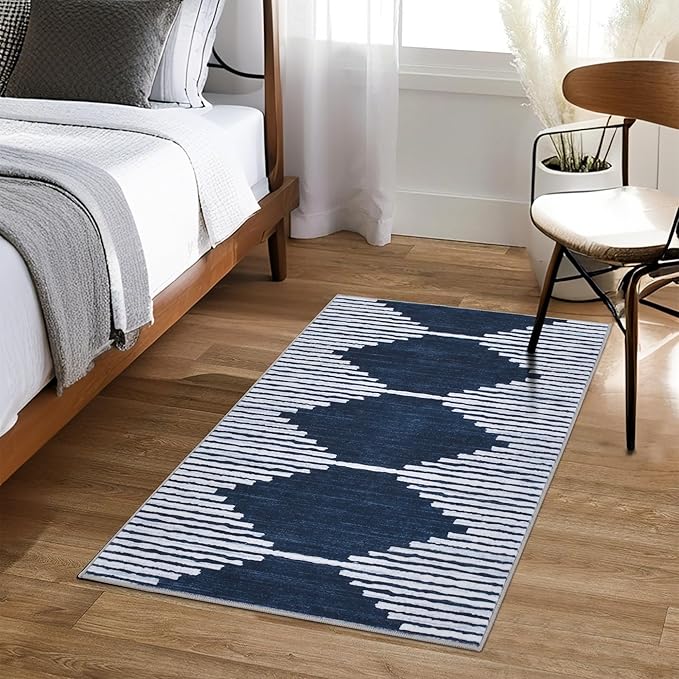 HelloTree 2x3 Entryway Rug, Indoor Small Machine Washable Area Rug Non Slip Backing Home Decor Floor Decoration Mat Boho Rugs for Entrance Kids Room Bedside Bedroom Stain Resistant Carpet-Blue