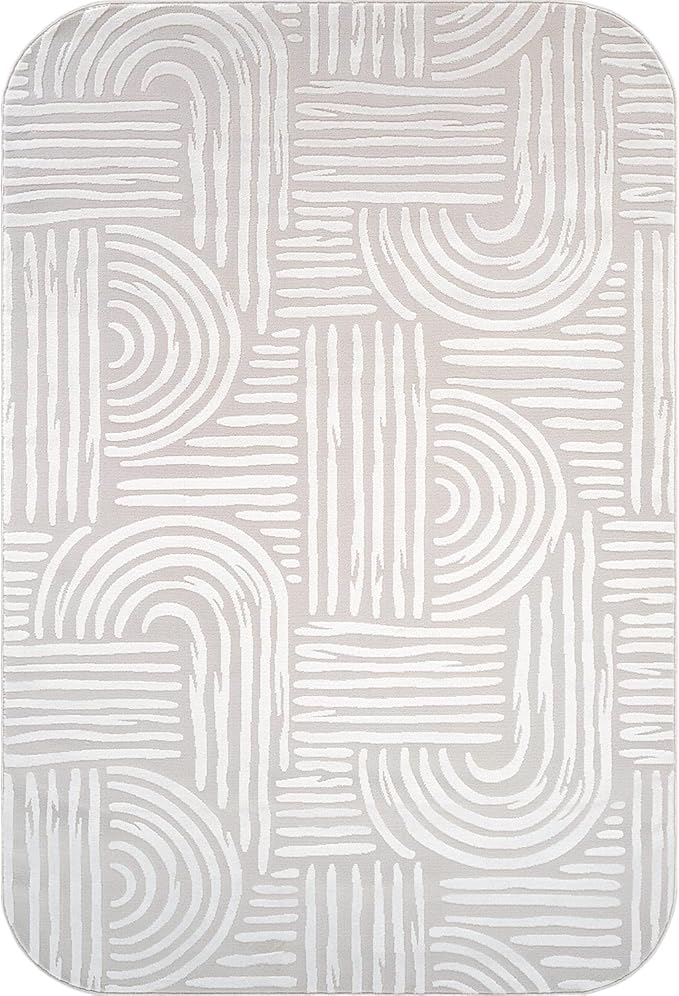 Beverly Rug Modern Geometric Area Rug 5x7 Low-High Pile Durable Soft Abstract Curved Indoor Rugs for Living Dining Room Office Stain Resistant Non Shedding Casual Indoor Carpet Beige White 5 x 7