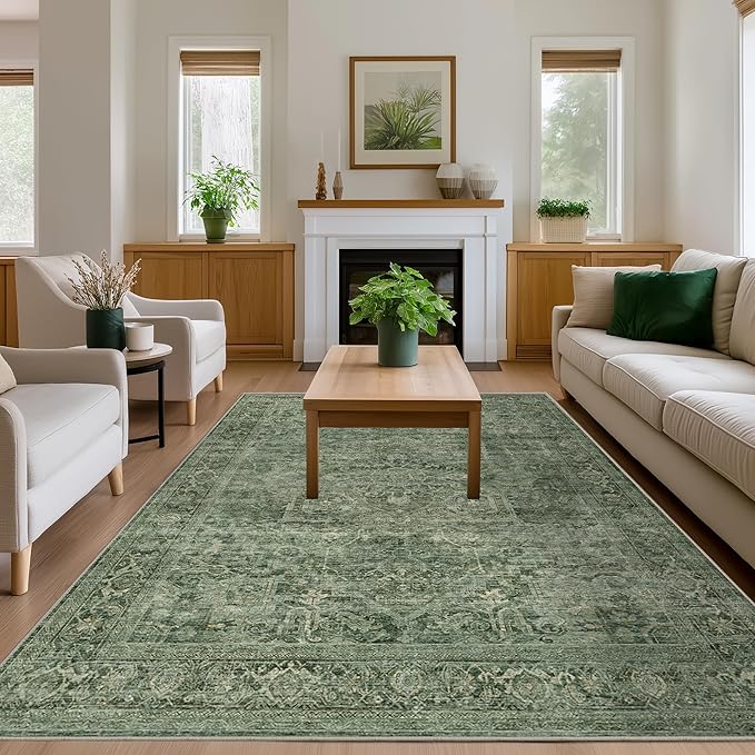 FMFUNCTEX 6x9 Washable Area Rug Green Vintage Neutral Distressed Oriental Large Non Slip Carpet for Living Room Bedroom Soft Low Pile Indoor Mat Retro Throw Rug for Dining Room Kitchen Office Nursery