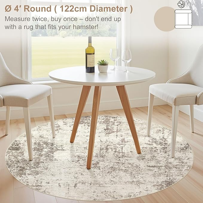 4ft Round Area Rug Living Room Rugs - 4x4 Washable Neutral Modern Abstract Soft Thin Rug Indoor Floor No Slip Rug Carpet for Bedroom Under Dining Table Home Office Decor - Dark Brown