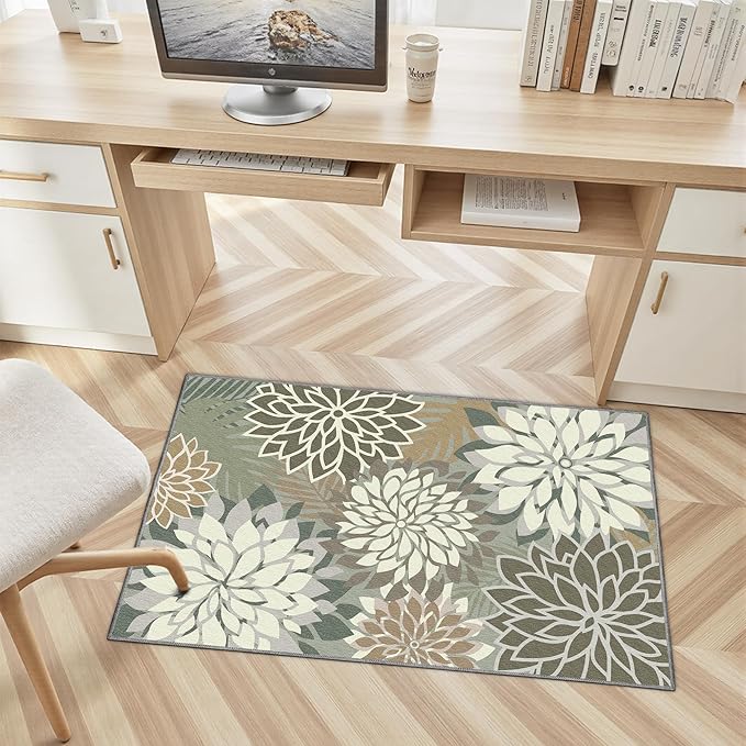 2x3 Washable Small Rug Tropical Botanical Modern Floral Indoor Chenille Door Mat Carpet Non Slip for Patio, Entry Way, Entrance, Porch, Taupe