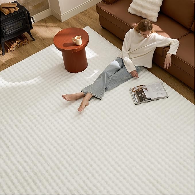 Bedsure 8x10 Fluffy Area Rugs for Living Room, Machine Washable Rugs, Non-Slip Backing, Non-Shedding, Pet Friendly Throw Rug for Bedroom Dining Room, Coconut White