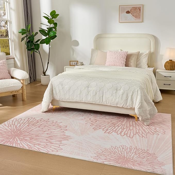 WITSHOCK Pink Rugs 6x8 for Bedroom Girls,Floral Modern Distress Print Pattern Carpet for Living Room Dining Room,Stain Resistant Anti Slip Backing Rugs for Kids Room Nursery Playroom,Light Pink