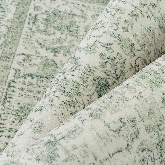 Runner Rug 2x8 Sage Green Hallway Washable Vintage Distressed Kitchen Carpet Non Slip Neutral Low Pile Retro Floral Farmhouse Long Throw Rug Entryway Bathroom Office Laundry Dining Room
