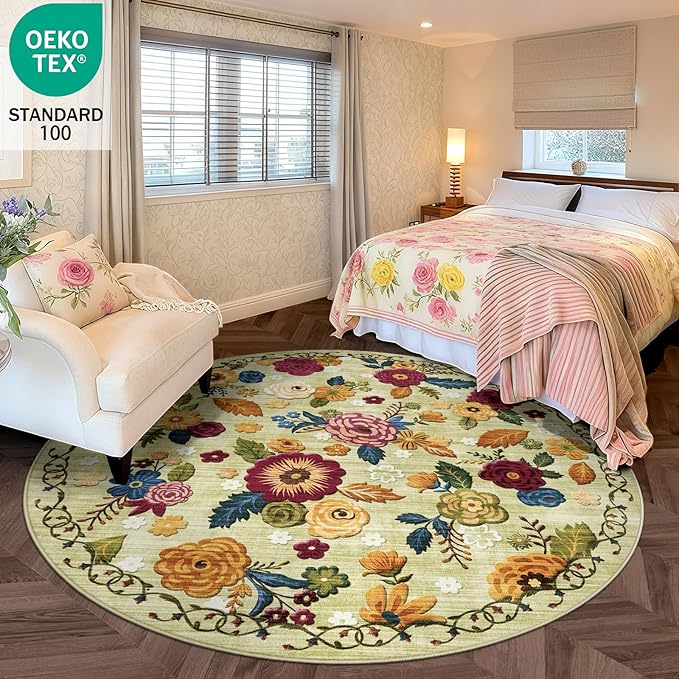 6ft Round Machine Washable Area Rug for Living Room, Green Vintage Boho Floral Rug Large Non-Slip Low Pile Soft Faux Wool Carpet, Kids and Pets Friendly for Bedroom Nursery Farmhouse Home Decor Rug