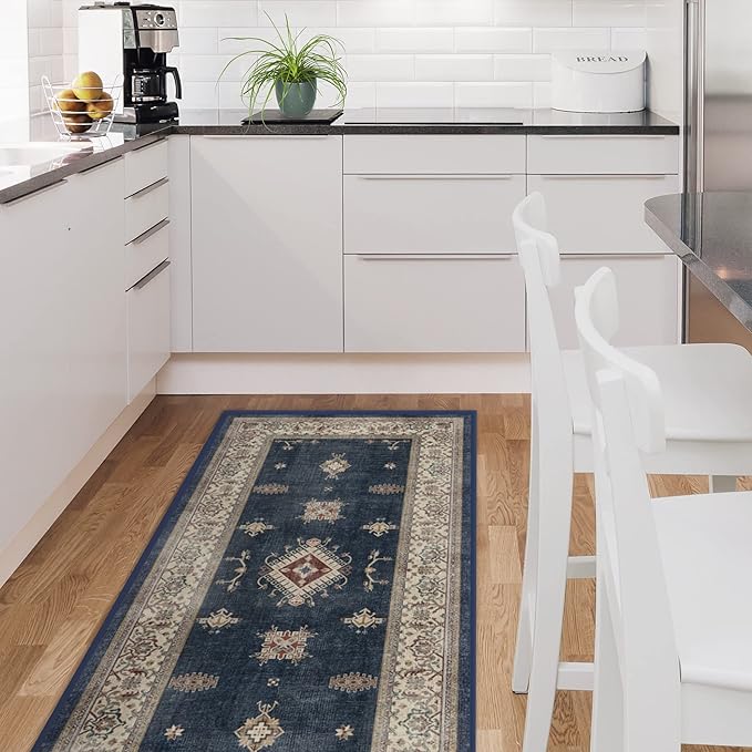 RUGGABLE Washable Vintage Area Rug – Verena Sapphire 6 ft Round, Stain-Resistant, Non-Slip – Medium Machine Washable Rugs for Living Room, Bedroom, Hallway, Entryway & Office–with Cushioned Pad