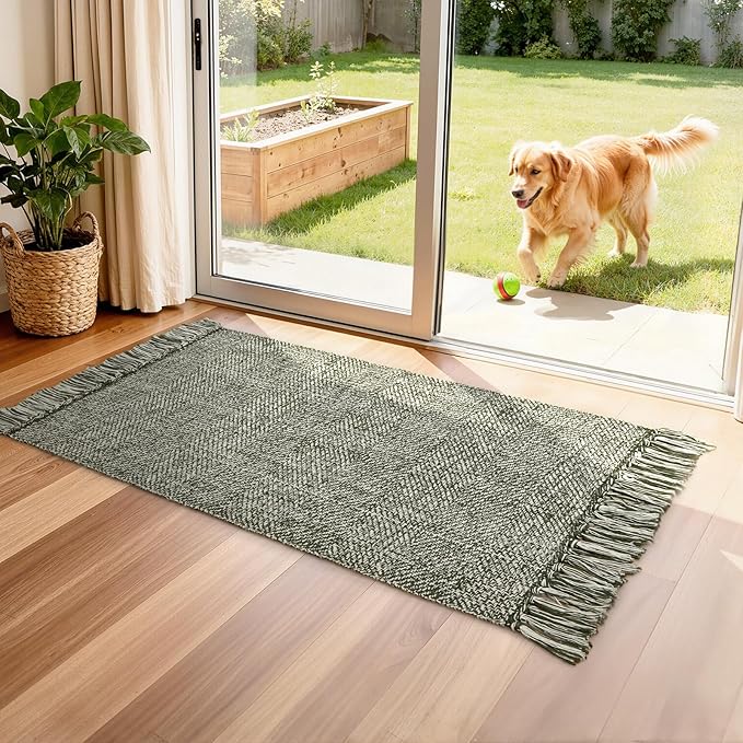 Collive Washable Kitchen Runner Rug, Modern Farmhouse Hand Woven Entryway Rugs Non Slip, Cotton Reversible Bathroom Carpet for Bedroom Hallway Foyer Back Door Decor, 2 x 4.3 ft Olive Green/Cream