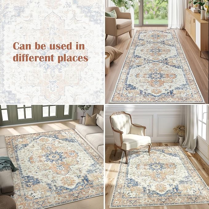 jinchan Kelda Runner Rug 3x8 Vintage Hallway Rug Washable Runner Retro Floor Cover Lightweight Non-Slip Low Pile Thin Distressed Carpet for Entryway Bathroom Laundry Room Bedroom Stairway Orange