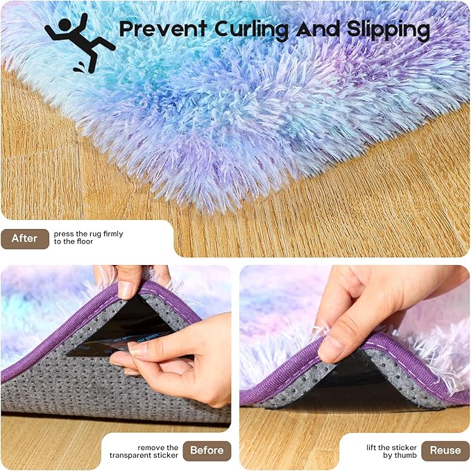 3x5 Rugs for Bedroom, Fluffy Small Area Rugs for Living Room, Soft Shag Fuzzy Carpet with 4 Non-Slip Stickers for Kids Boys and Girls Nursery Dorm Room Home Decor (Rainbow, 3ft x 5ft)