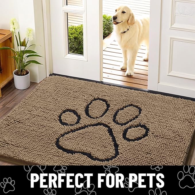 Smiry Dog Door Mat for Muddy Paws, Absorbent Dirt Trapper Non Slip Quick Dry Washable Chenille Mat for Mud Dogs, Entry Rug for Indoor and Outdoor (59x24 Inches, Camel and Black)