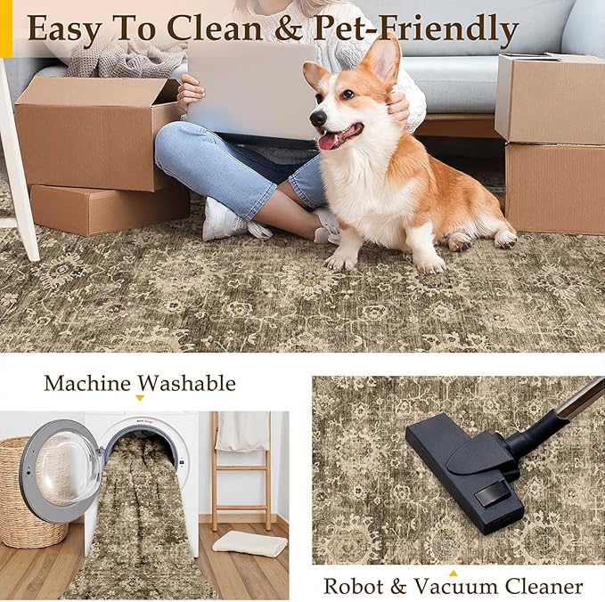 2x8 Washable Runner Rug for Kitchen Hallway Brown Vintage Non-Slip Low Pile Distressed Rustic Carpet Lightweight Vacuumable Soft Long Throw Rug for Indoor Entryway Bedroom
