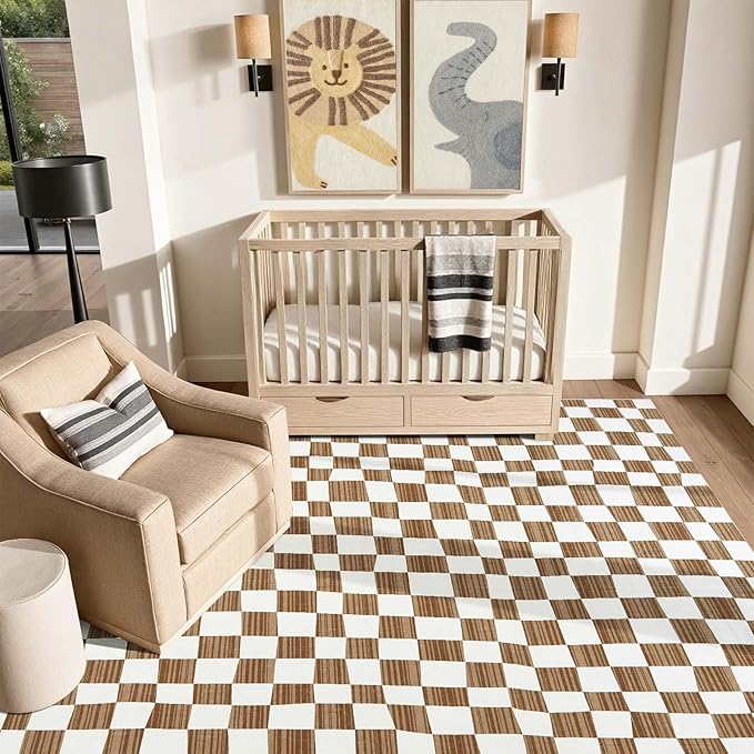 jinchan 6x9 Brown Checkered Area Rugs for Kids Room - Machine Washable Rug Modern Neutral Geometric Lattice Soft Non-Slip Carpet for Nursery Playroom Classroom Living Room Bedroom Home Office